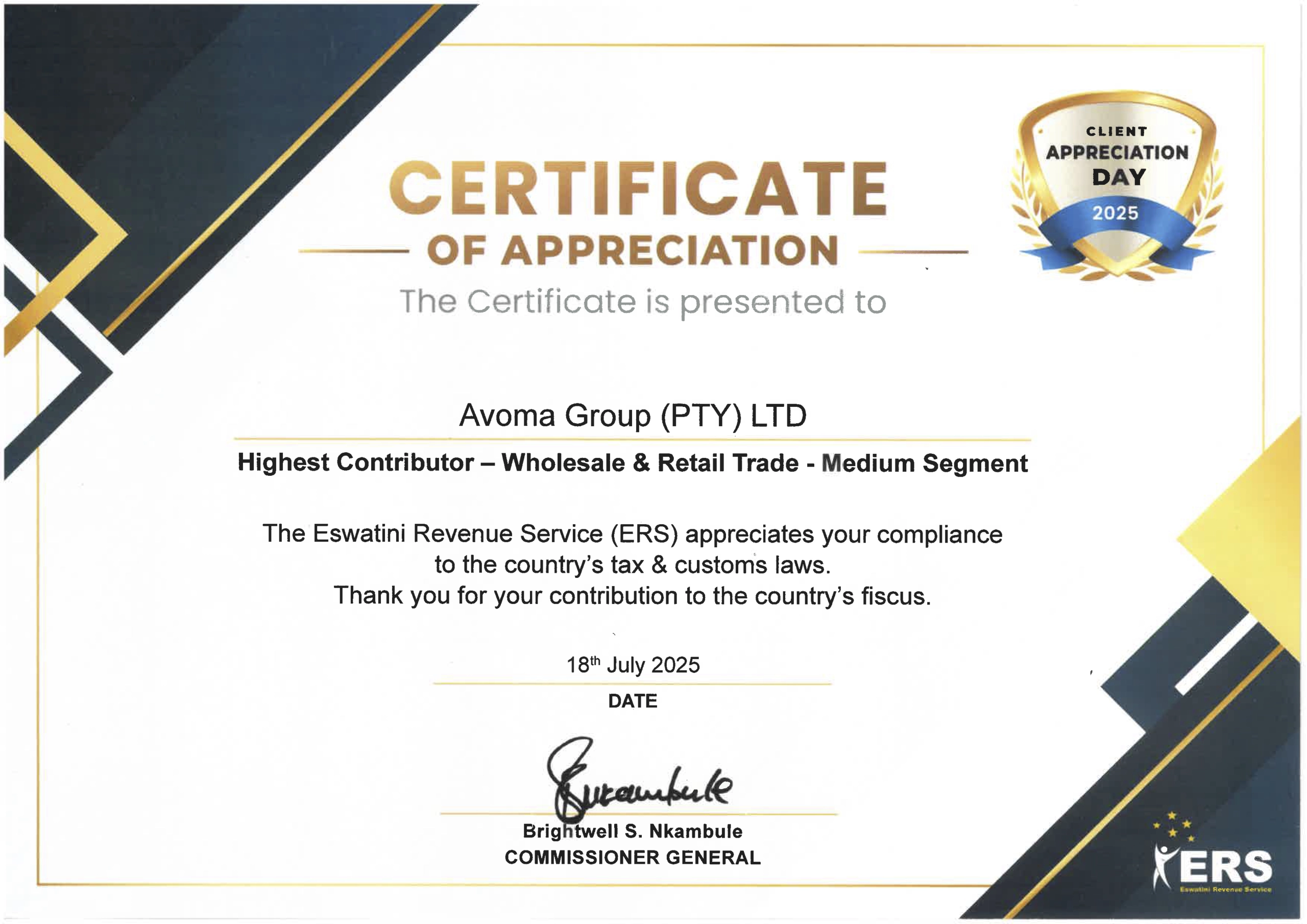 AVOMA Group receives Most Compliant & Highest Contributor award from Eswatini Revenue Authority in 2025.